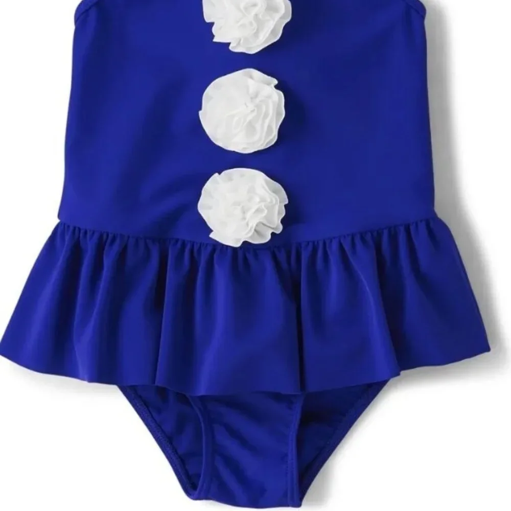 Gymboree Girls 12 Blue 1 Piece Ruffle Flower Bathing Swim Suit Splish-Splash